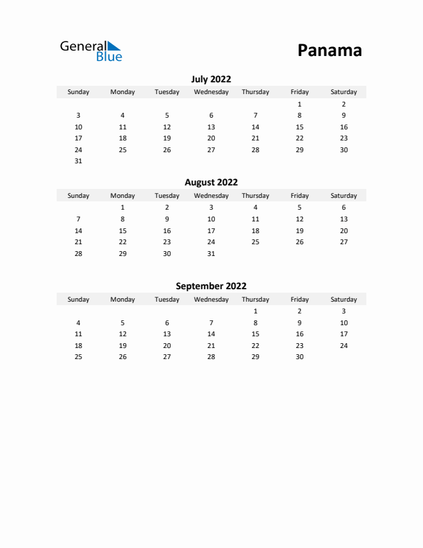 Printable Quarterly Calendar with Notes and Panama Holidays- Q3 of 2022