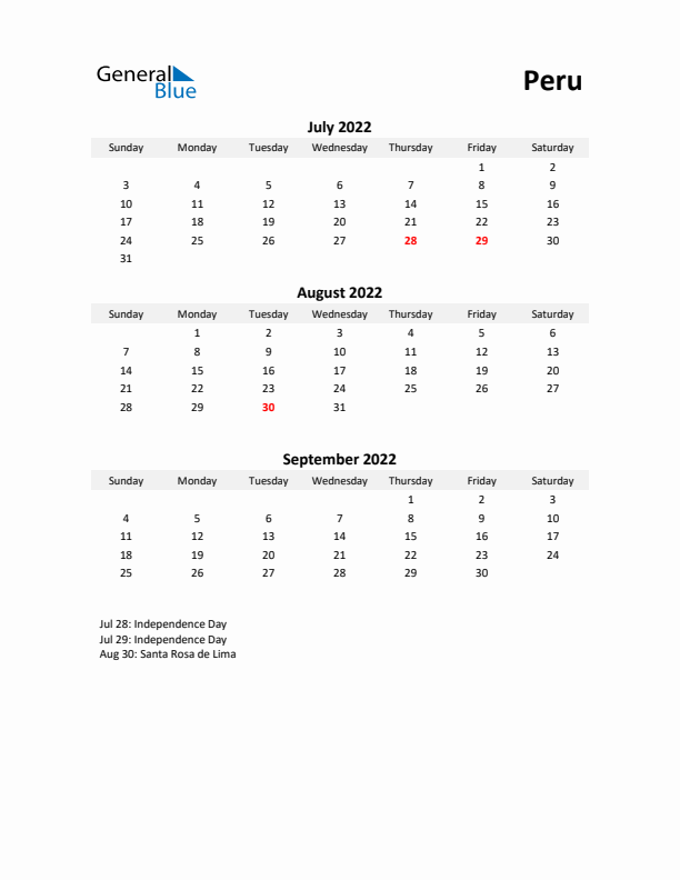 Printable Quarterly Calendar with Notes and Peru Holidays- Q3 of 2022