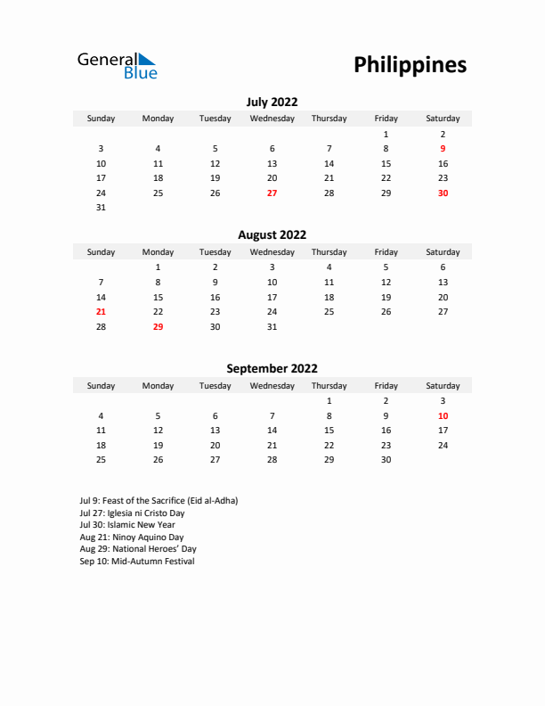 Printable Quarterly Calendar with Notes and Philippines Holidays- Q3 of 2022