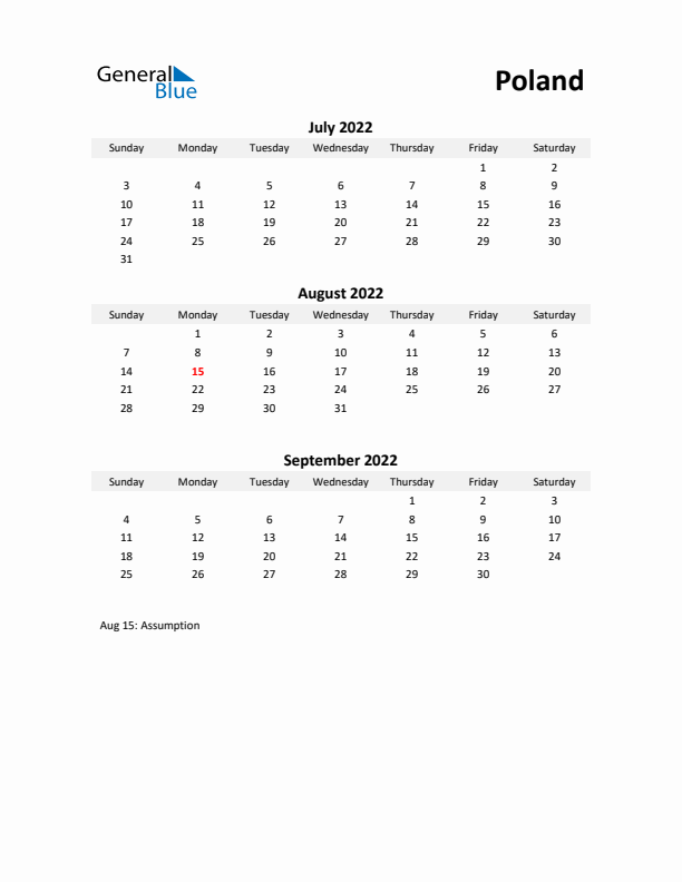 Printable Quarterly Calendar with Notes and Poland Holidays- Q3 of 2022