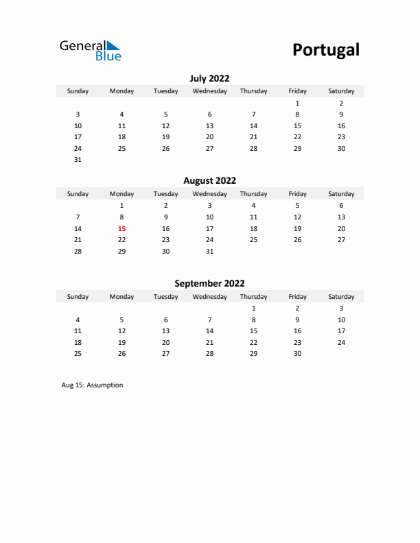 Printable Quarterly Calendar with Notes and Portugal Holidays- Q3 of 2022