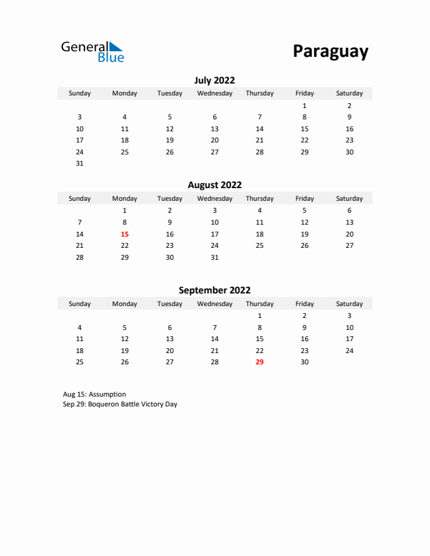 Printable Quarterly Calendar with Notes and Paraguay Holidays- Q3 of 2022