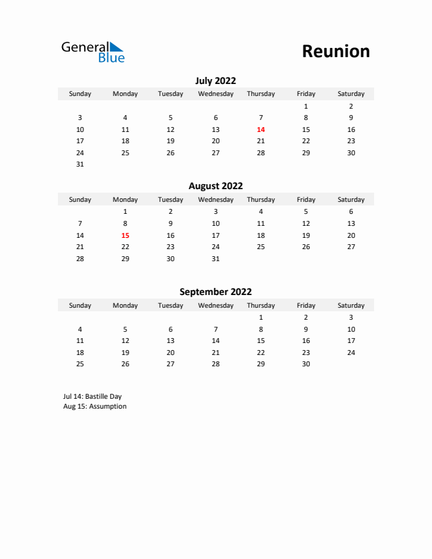 Printable Quarterly Calendar with Notes and Reunion Holidays- Q3 of 2022