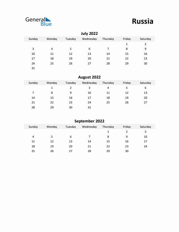 Printable Quarterly Calendar with Notes and Russia Holidays- Q3 of 2022