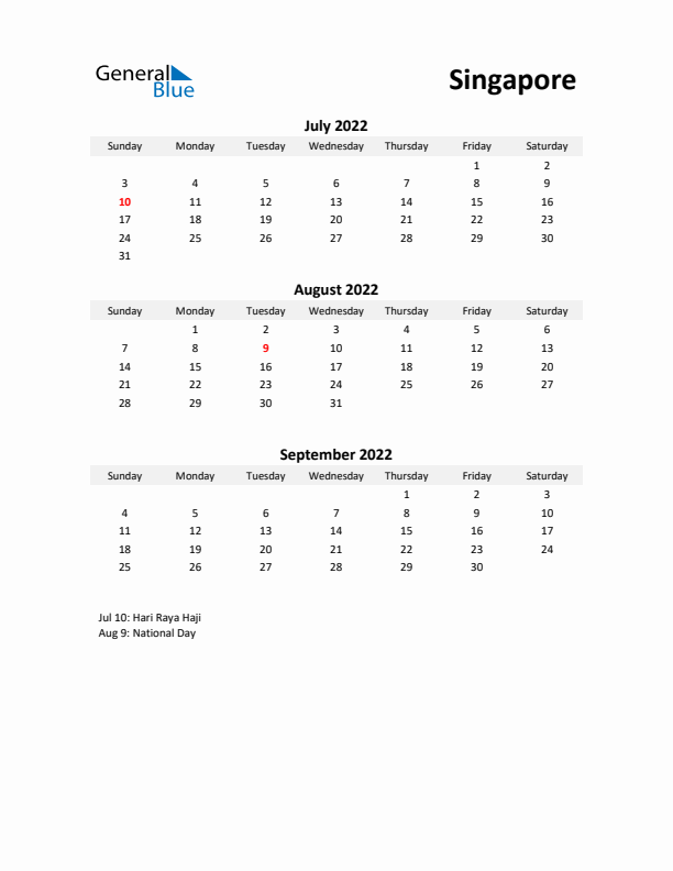 Printable Quarterly Calendar with Notes and Singapore Holidays- Q3 of 2022