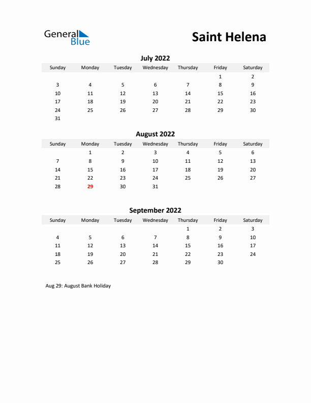 Printable Quarterly Calendar with Notes and Saint Helena Holidays- Q3 of 2022