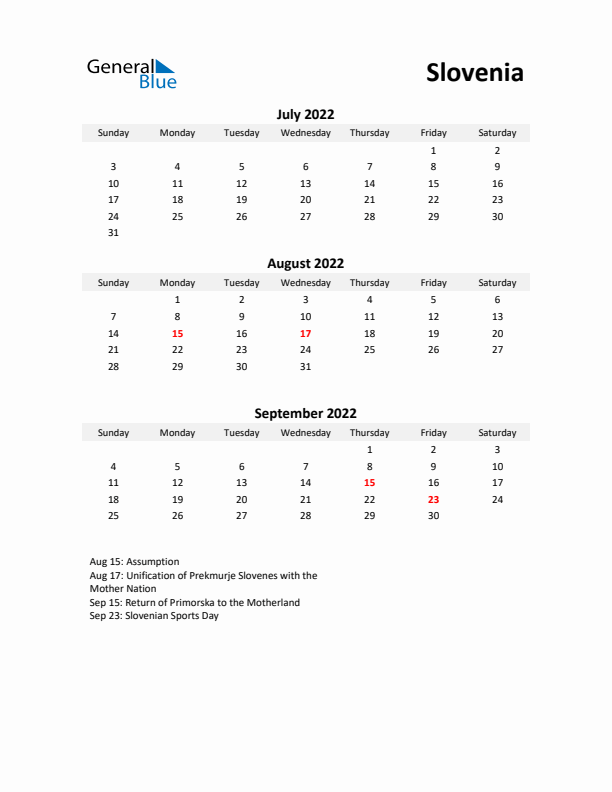 Printable Quarterly Calendar with Notes and Slovenia Holidays- Q3 of 2022