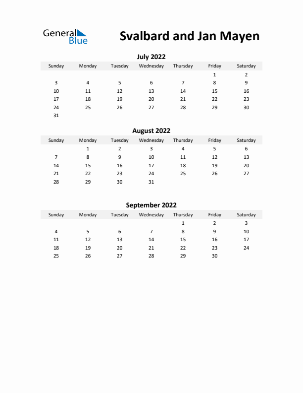 Printable Quarterly Calendar with Notes and Svalbard and Jan Mayen Holidays- Q3 of 2022