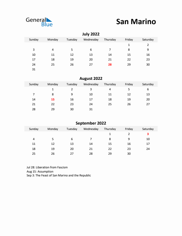 Printable Quarterly Calendar with Notes and San Marino Holidays- Q3 of 2022