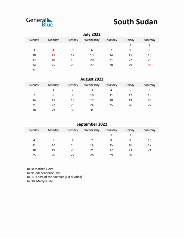 Printable Quarterly Calendar with Notes and South Sudan Holidays- Q3 of 2022