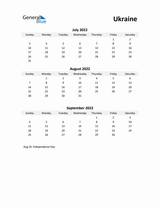 Printable Quarterly Calendar with Notes and Ukraine Holidays- Q3 of 2022