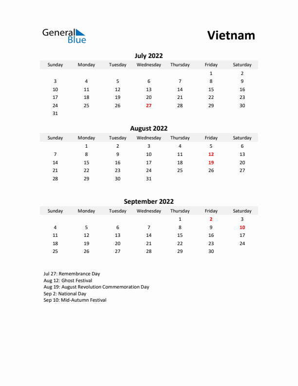 Printable Quarterly Calendar with Notes and Vietnam Holidays- Q3 of 2022