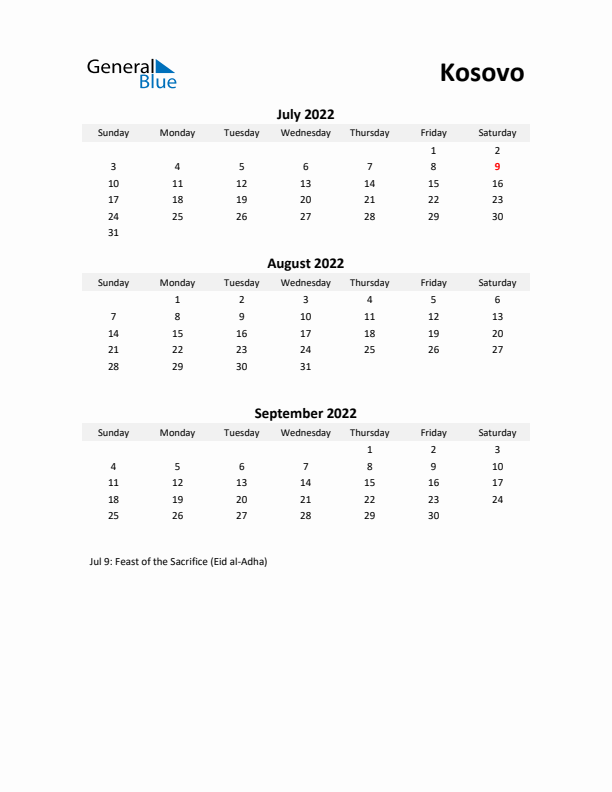 Printable Quarterly Calendar with Notes and Kosovo Holidays- Q3 of 2022