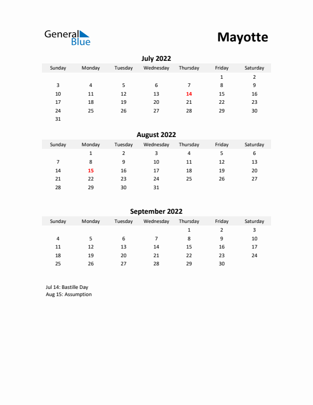 Printable Quarterly Calendar with Notes and Mayotte Holidays- Q3 of 2022