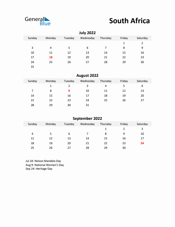 Printable Quarterly Calendar with Notes and South Africa Holidays- Q3 of 2022