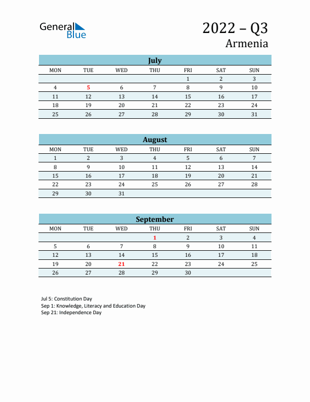 Three-Month Planner for Q3 2022 with Holidays - Armenia