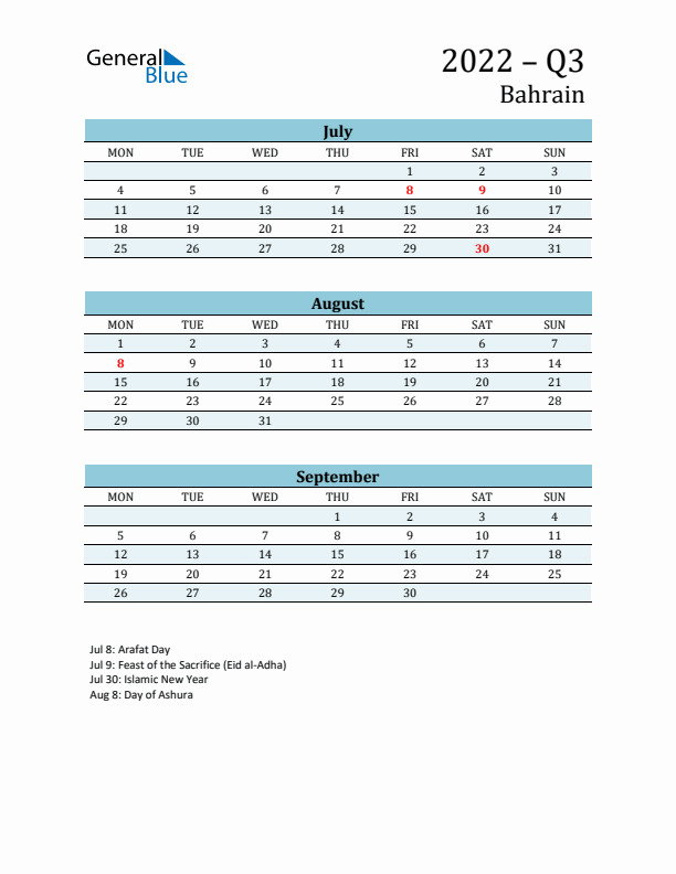 Three-Month Planner for Q3 2022 with Holidays - Bahrain