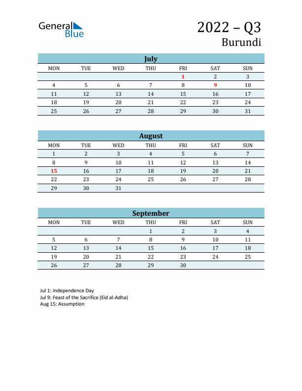 Three-Month Planner for Q3 2022 with Holidays - Burundi