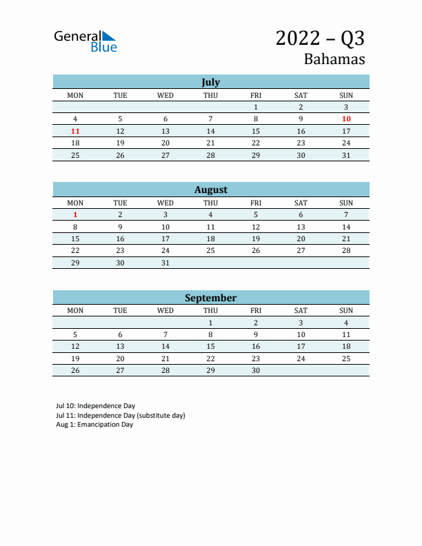 Three-Month Planner for Q3 2022 with Holidays - Bahamas