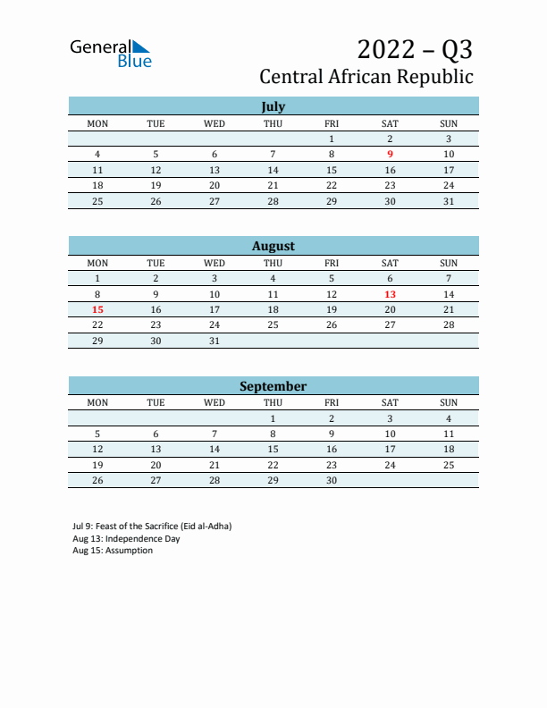 Three-Month Planner for Q3 2022 with Holidays - Central African Republic