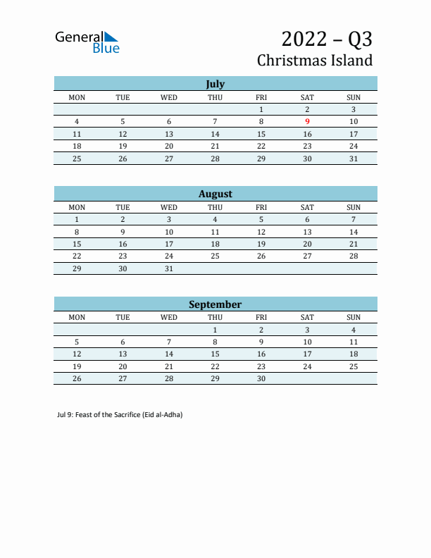 Three-Month Planner for Q3 2022 with Holidays - Christmas Island