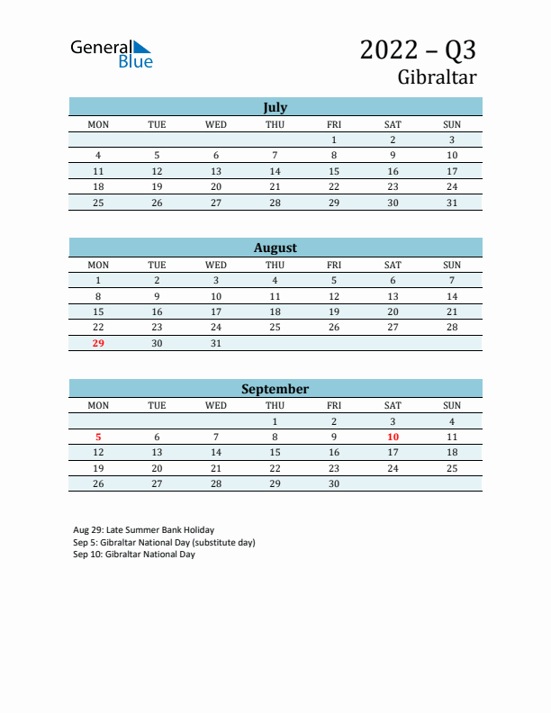 Three-Month Planner for Q3 2022 with Holidays - Gibraltar