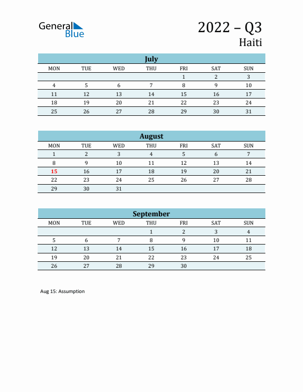 Three-Month Planner for Q3 2022 with Holidays - Haiti