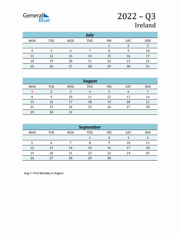 Three-Month Planner for Q3 2022 with Holidays - Ireland