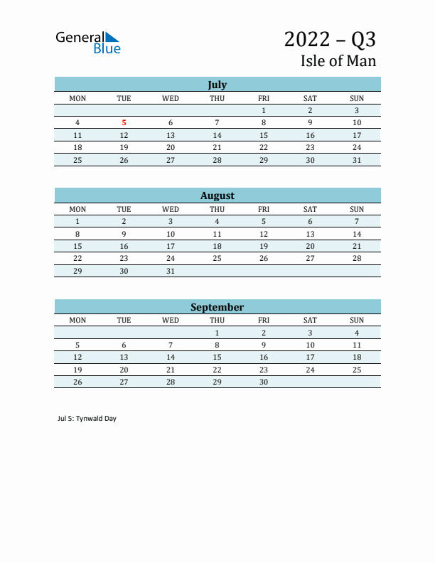 Three-Month Planner for Q3 2022 with Holidays - Isle of Man