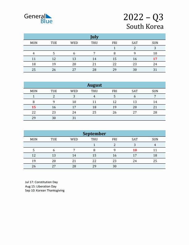 Three-Month Planner for Q3 2022 with Holidays - South Korea