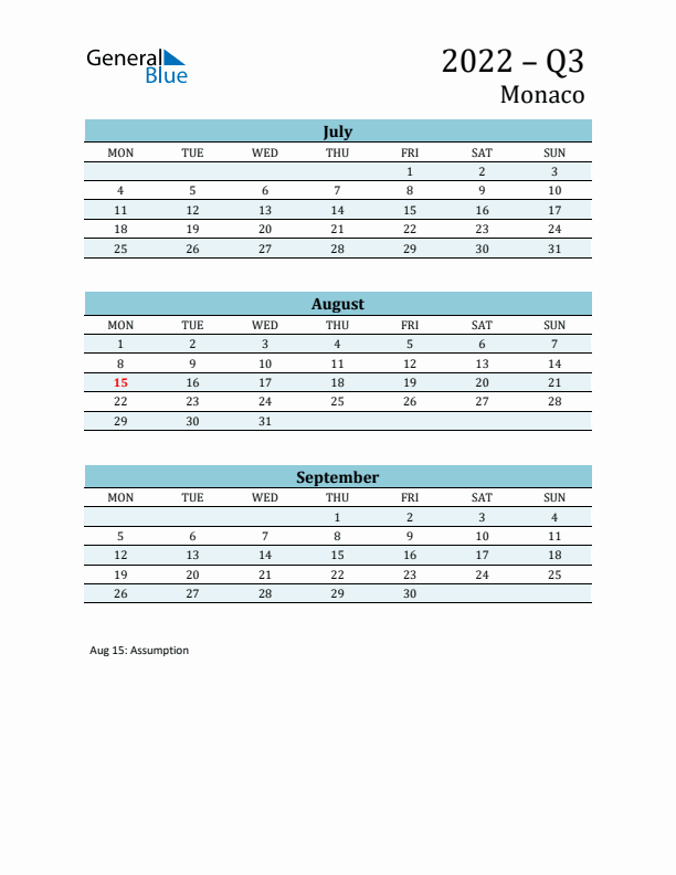 Three-Month Planner for Q3 2022 with Holidays - Monaco