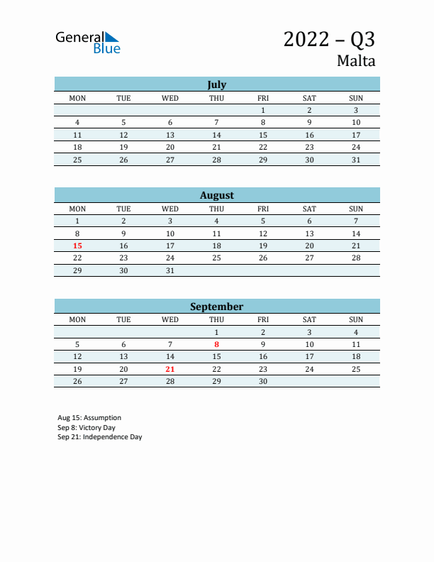 Three-Month Planner for Q3 2022 with Holidays - Malta