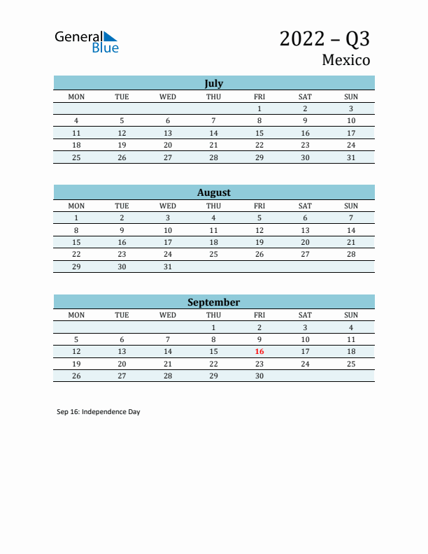 Three-Month Planner for Q3 2022 with Holidays - Mexico