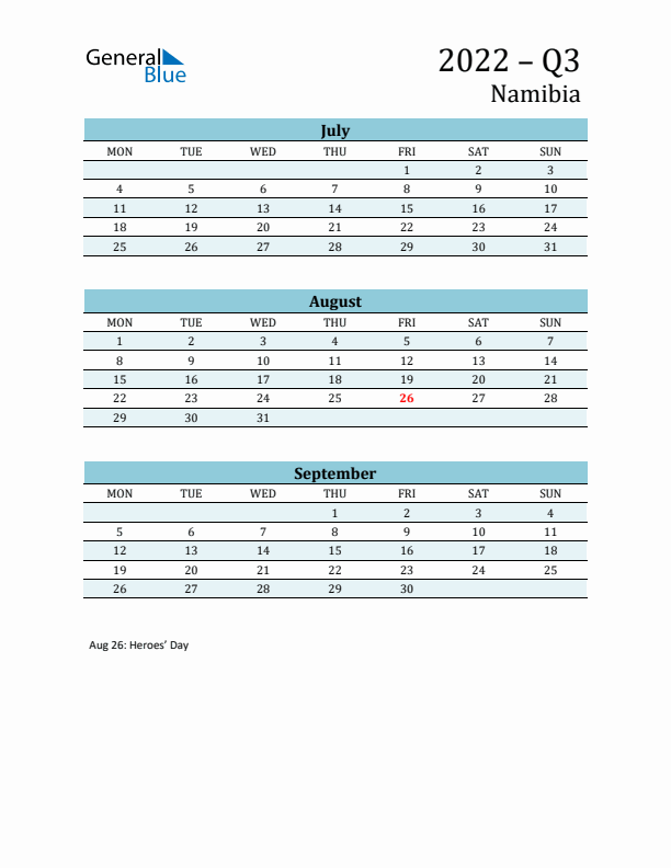 Three-Month Planner for Q3 2022 with Holidays - Namibia