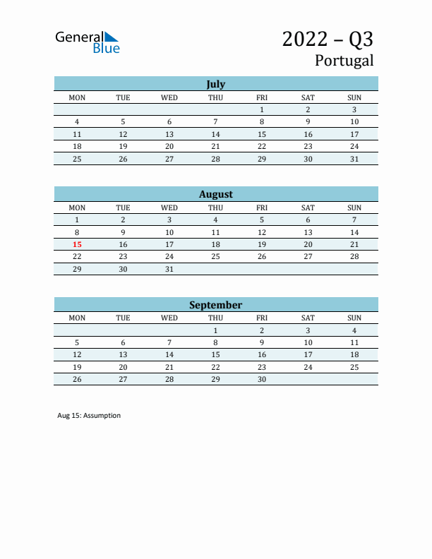 Three-Month Planner for Q3 2022 with Holidays - Portugal