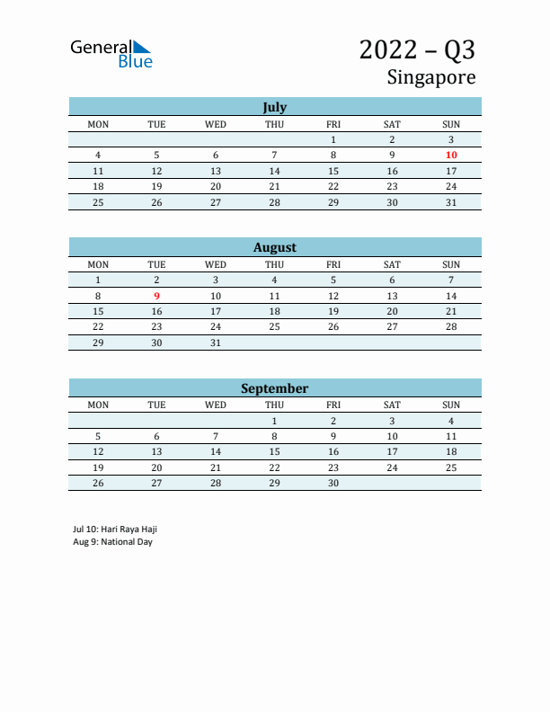 Three-Month Planner for Q3 2022 with Holidays - Singapore