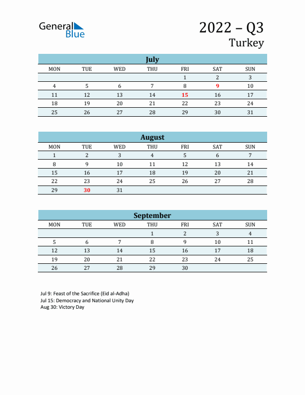 Three-Month Planner for Q3 2022 with Holidays - Turkey