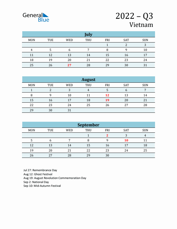 Three-Month Planner for Q3 2022 with Holidays - Vietnam