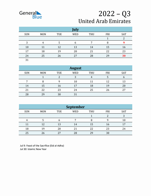 Three-Month Planner for Q3 2022 with Holidays - United Arab Emirates