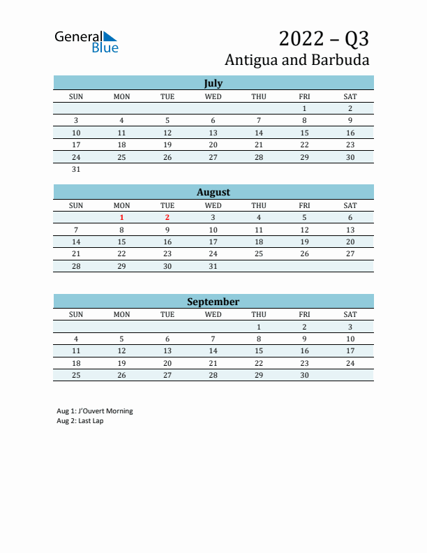 Three-Month Planner for Q3 2022 with Holidays - Antigua and Barbuda