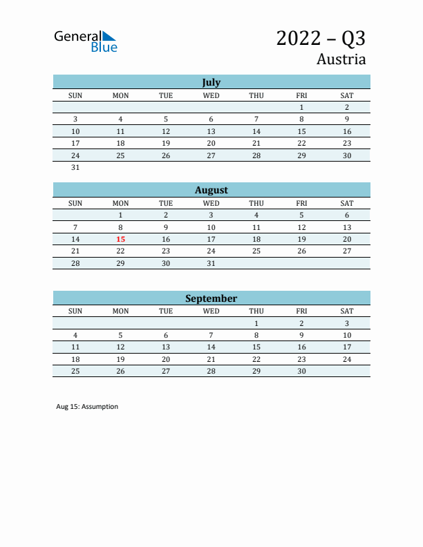 Three-Month Planner for Q3 2022 with Holidays - Austria