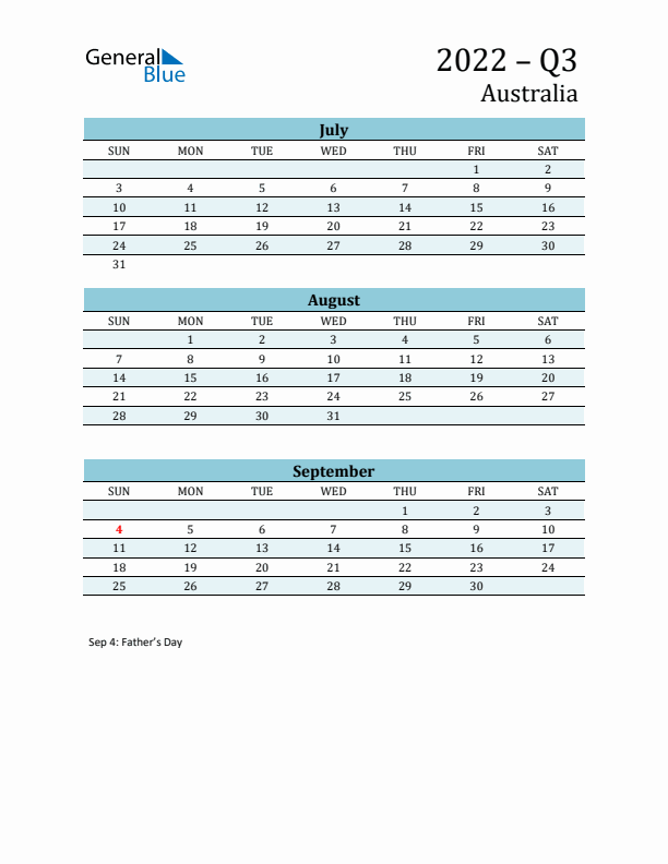 Three-Month Planner for Q3 2022 with Holidays - Australia