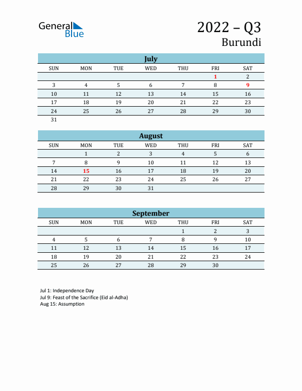 Three-Month Planner for Q3 2022 with Holidays - Burundi