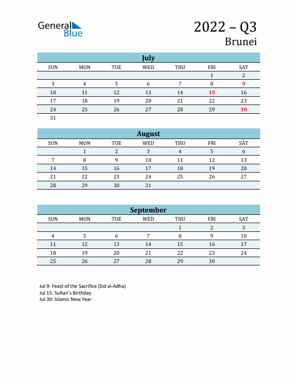 Three-Month Planner for Q3 2022 with Holidays - Brunei