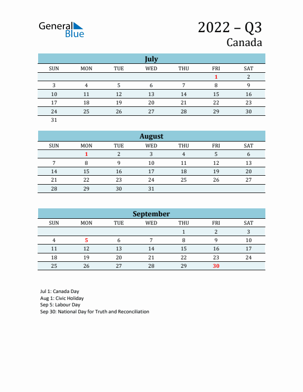 Three-Month Planner for Q3 2022 with Holidays - Canada