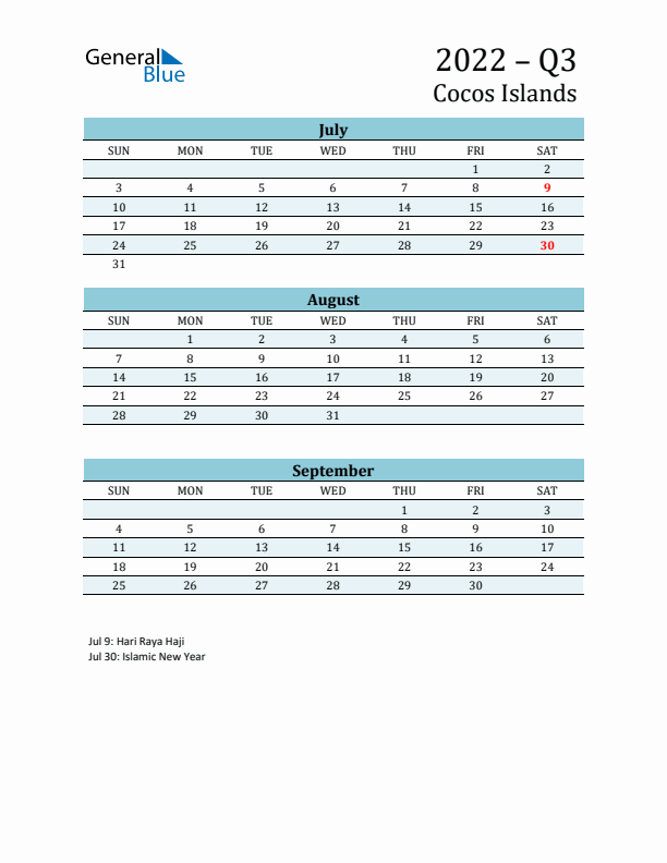 Three-Month Planner for Q3 2022 with Holidays - Cocos Islands