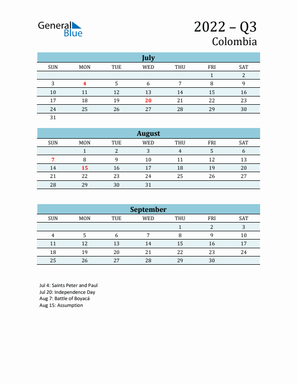 Three-Month Planner for Q3 2022 with Holidays - Colombia