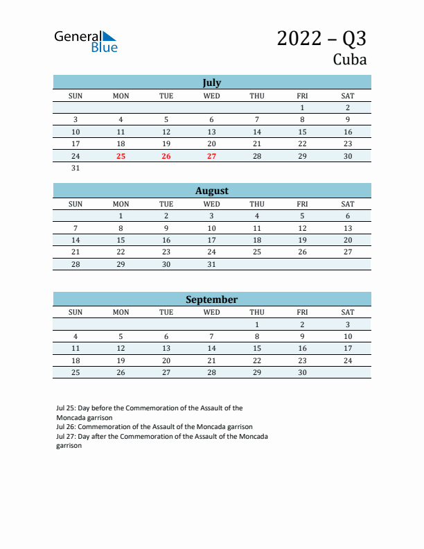 Three-Month Planner for Q3 2022 with Holidays - Cuba