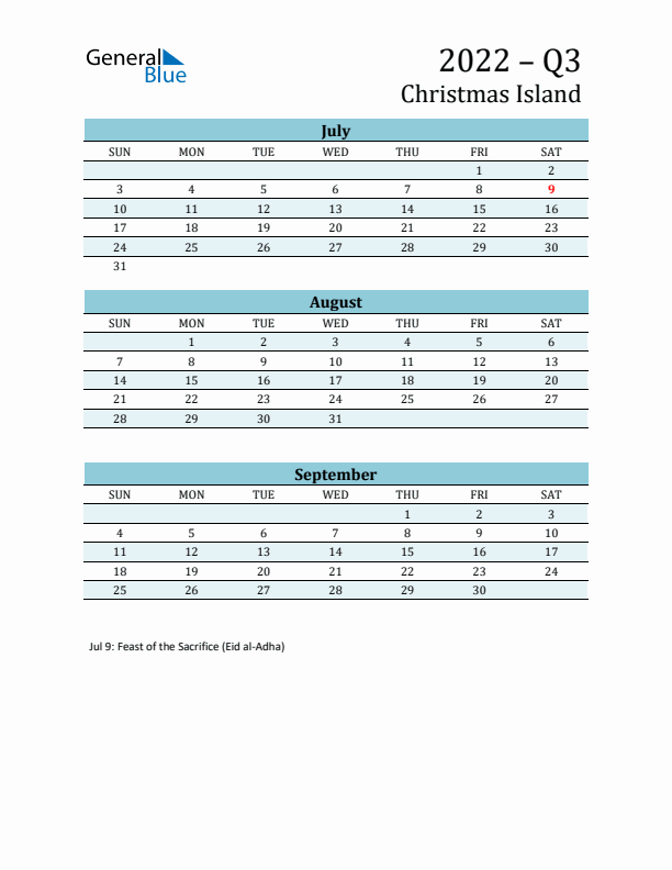 Three-Month Planner for Q3 2022 with Holidays - Christmas Island