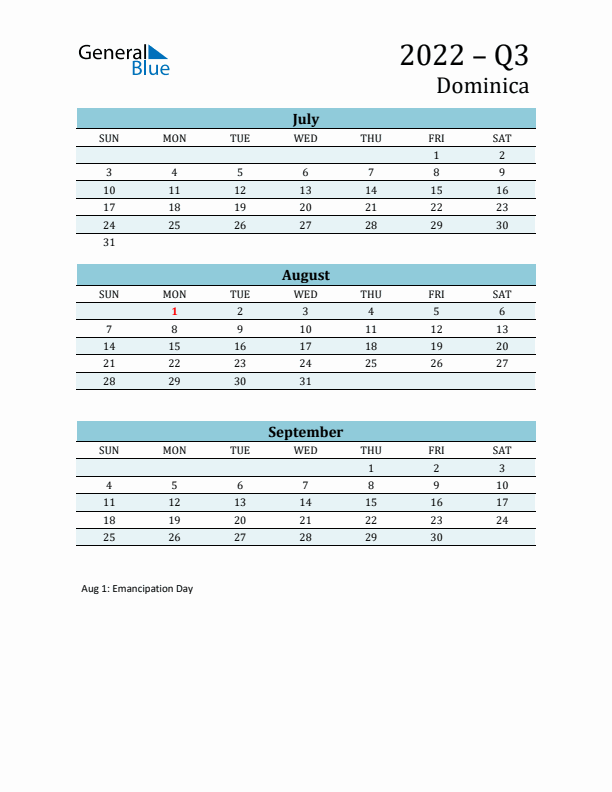 Three-Month Planner for Q3 2022 with Holidays - Dominica